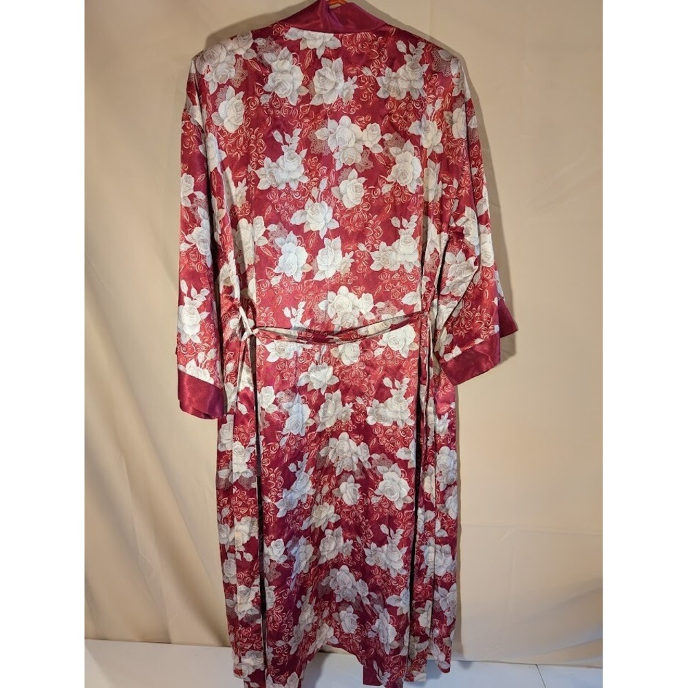 Adonna Floral Satin Robe Kimono Burgundy White Roses Medium Belted 100%Polyester - Picture 2 of 3